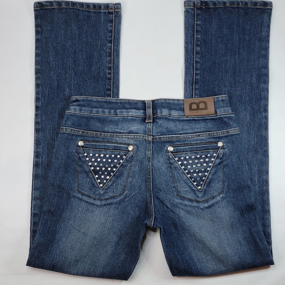 Boom Boom Medium Wash Mid-Rise Straight Leg Jean w/Rhinestones, EUC, size 7